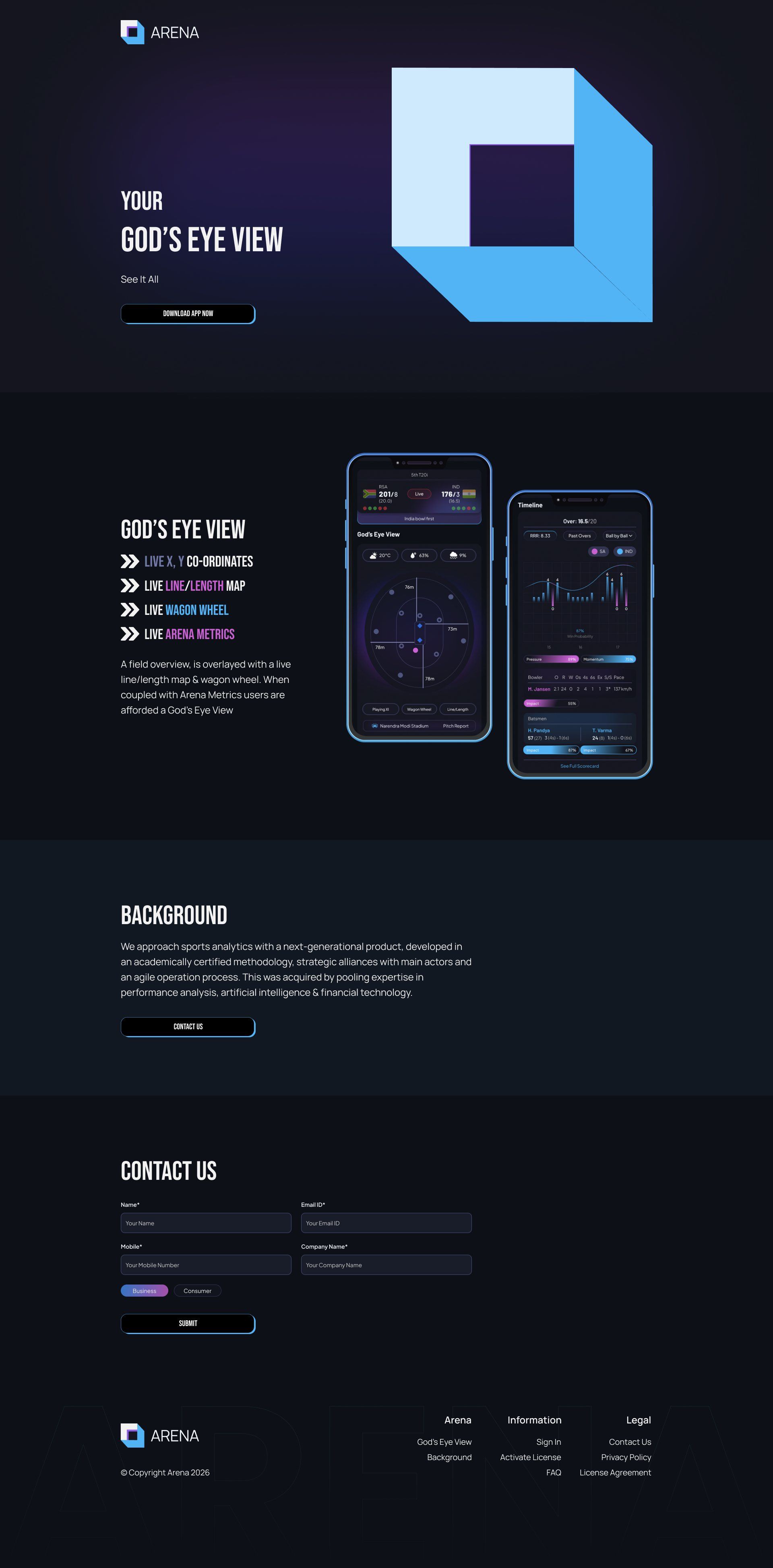 Full Arena landing page: hero, God's Eye View feature list with two phones, background, contact form and footer