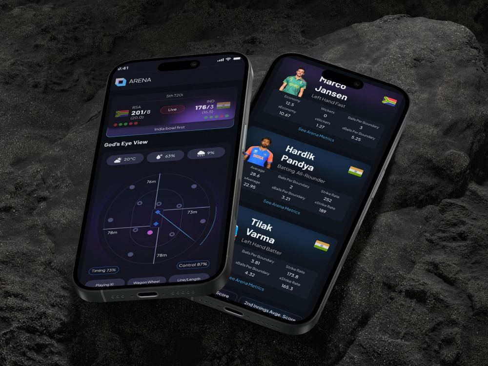 Arena cricket analytics app on two phones