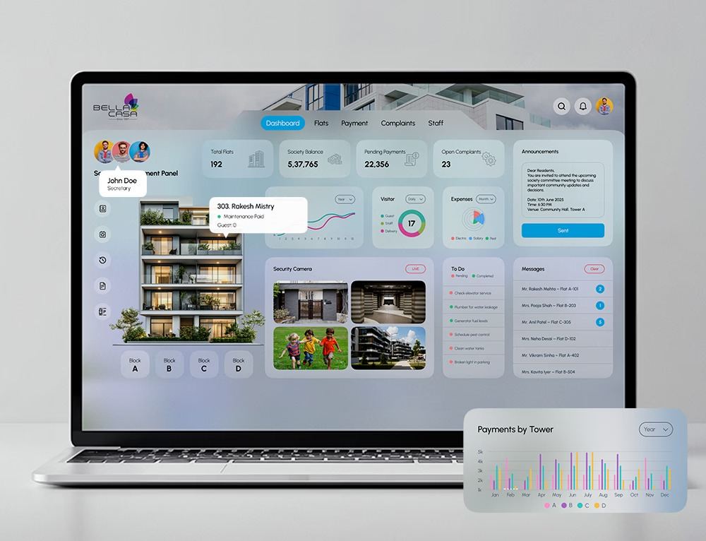 Bella Casa society management dashboard on a laptop