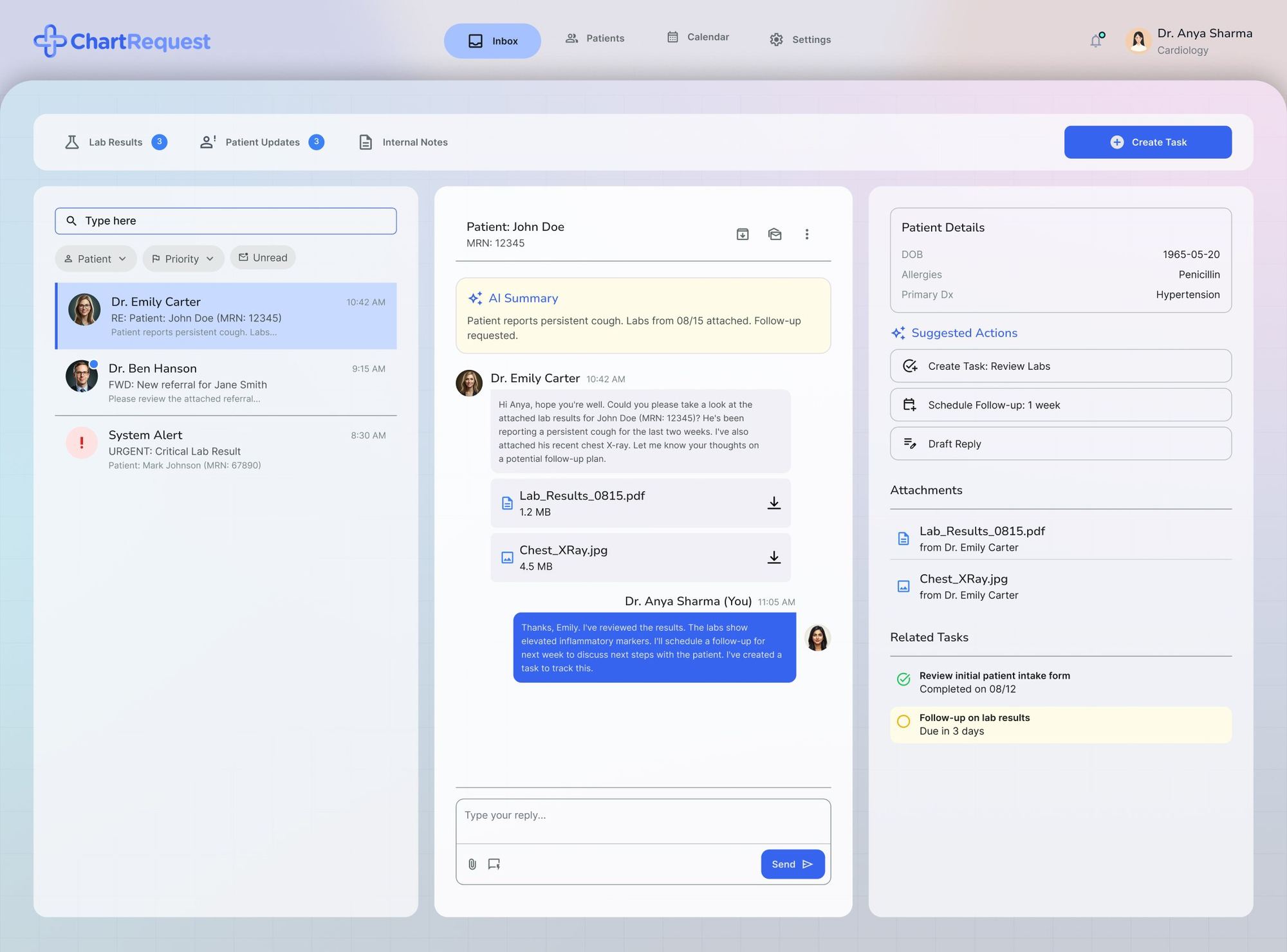 Message details with an AI summary, attachments, patient details, suggested actions and related tasks