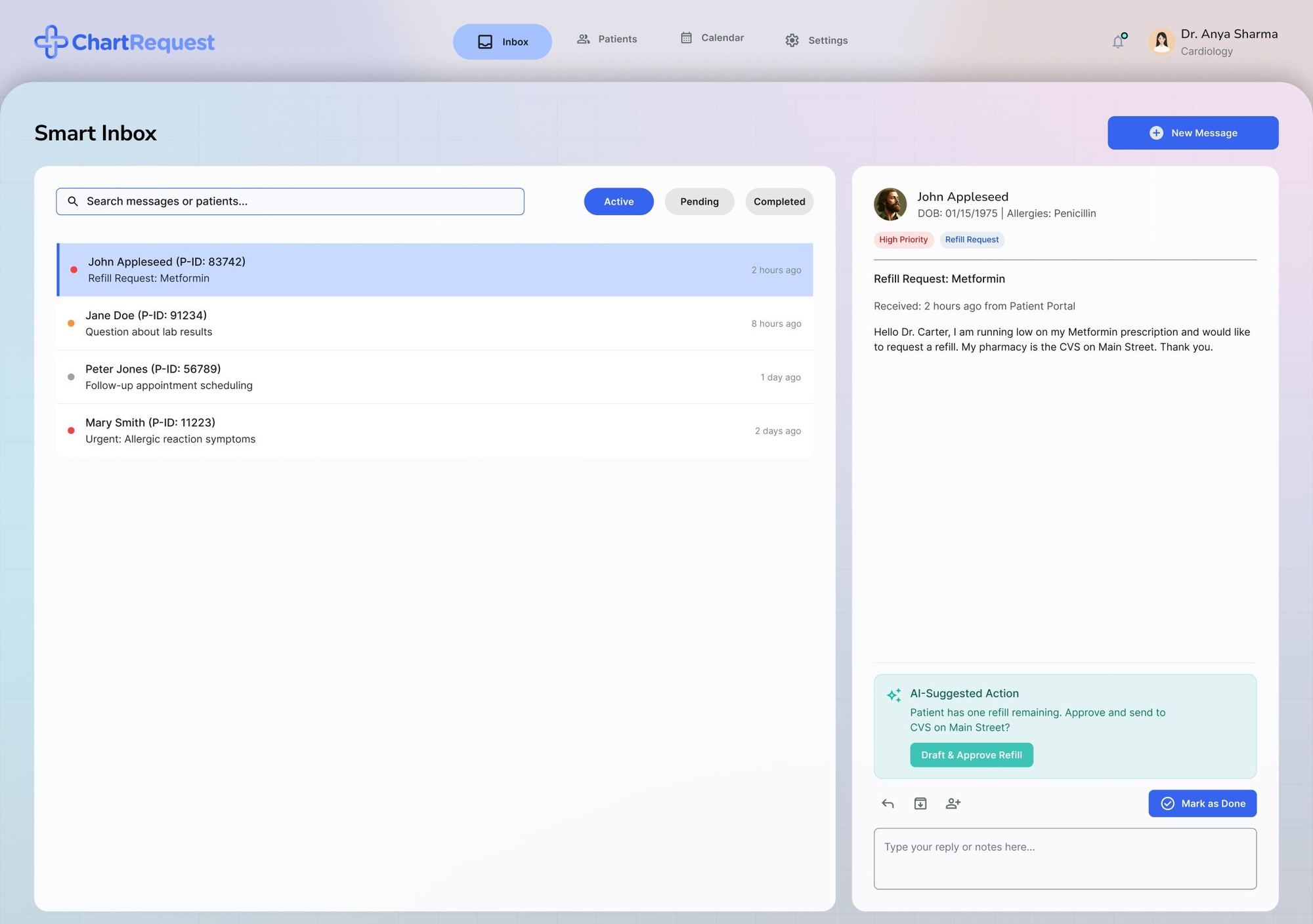 Smart inbox with active, pending and completed tabs, a prioritised patient list and an AI-suggested refill action