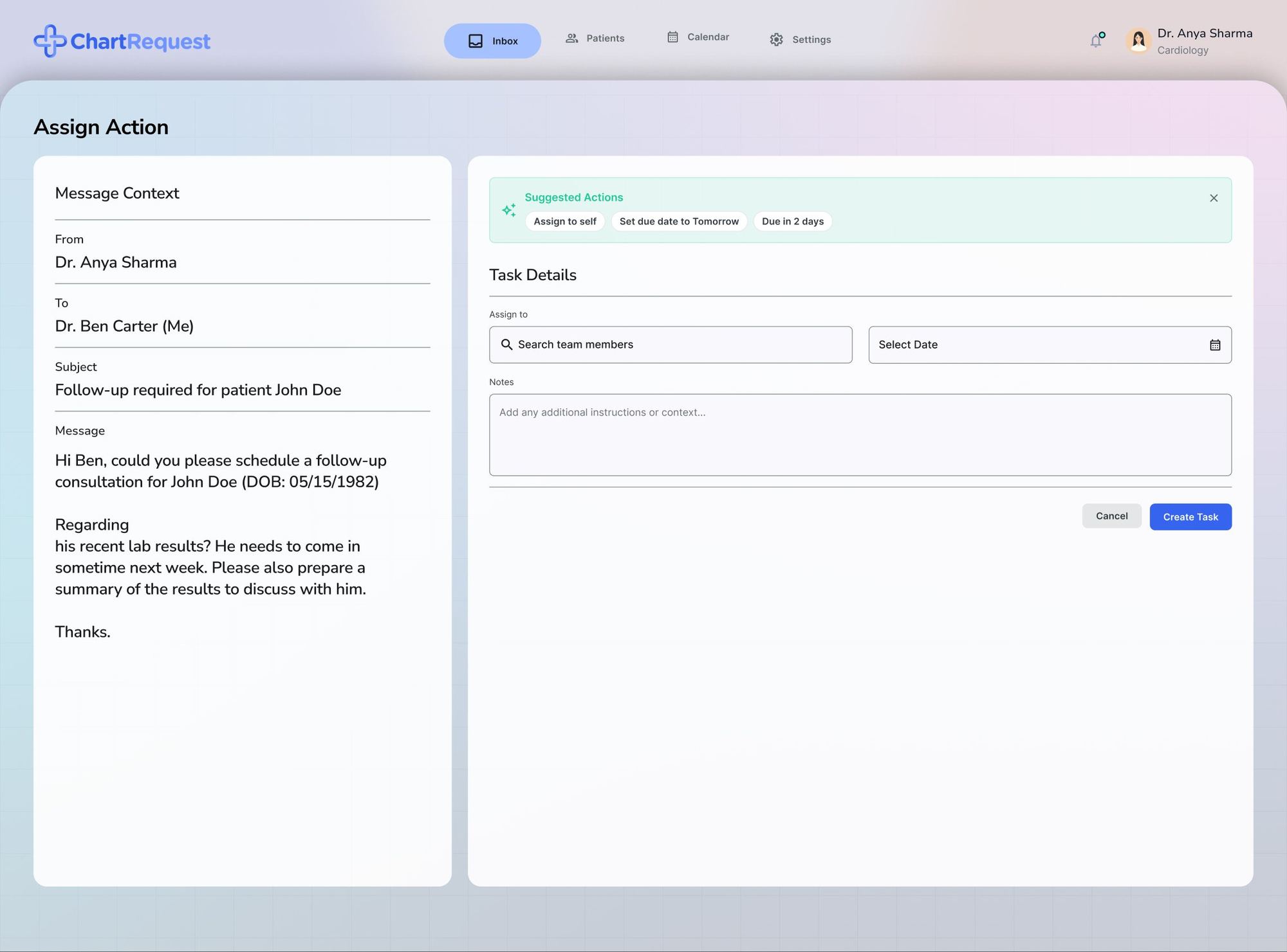 Assign action screen with message context, suggested actions and task details