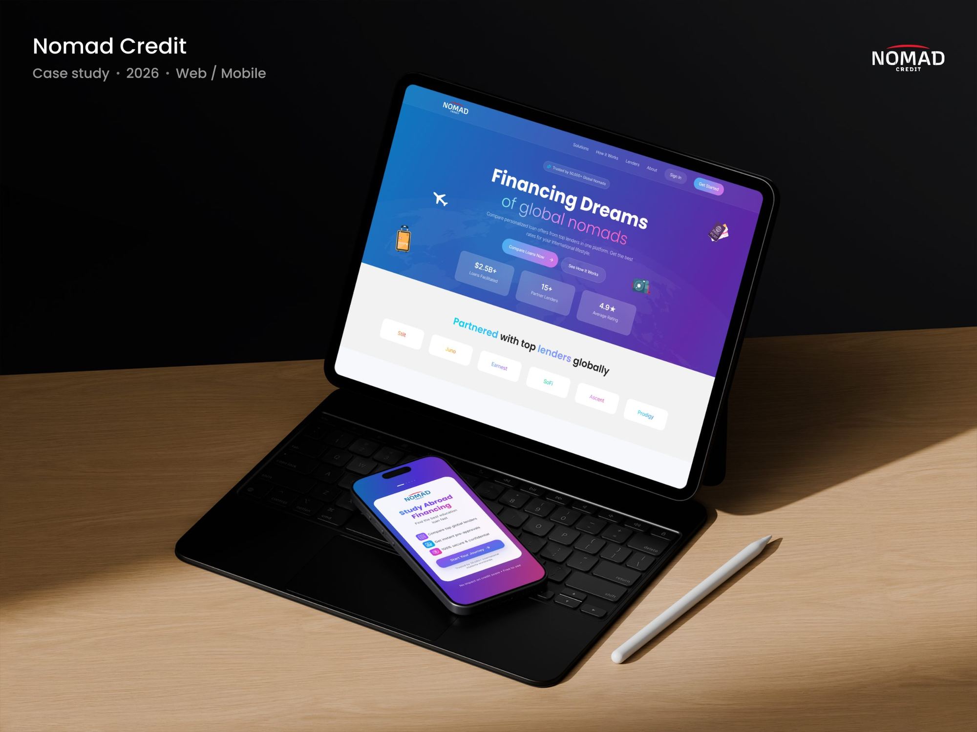 Nomad Credit landing page on a tablet and phone