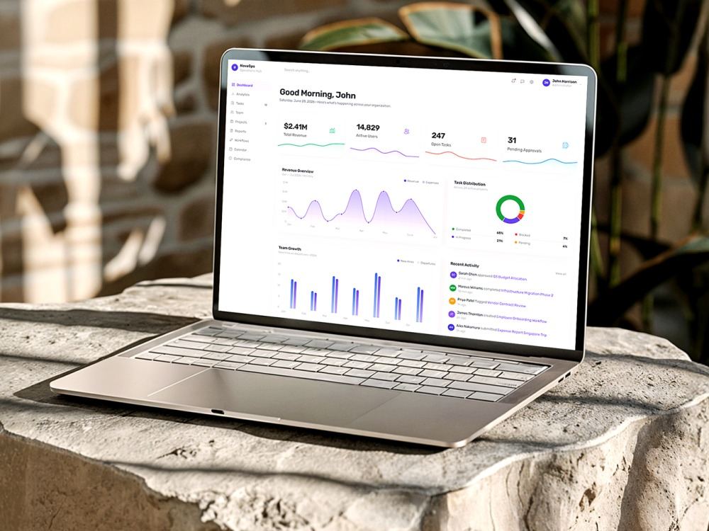 NovaOps operations hub dashboard on a laptop