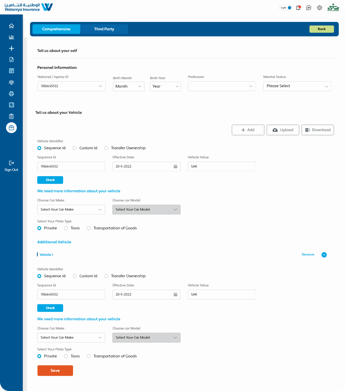 Comprehensive motor insurance form with personal and vehicle details