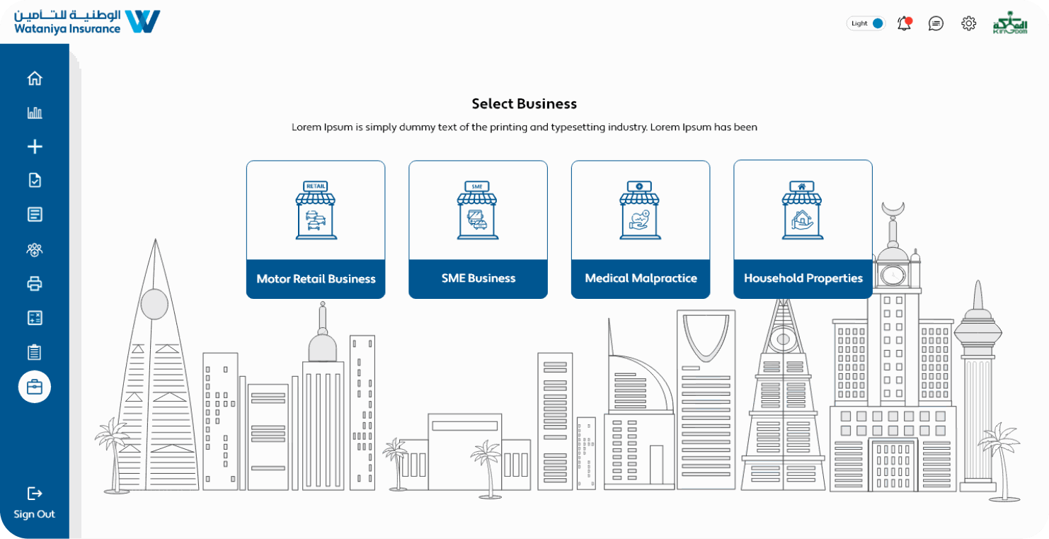 Select business screen with motor retail, SME, medical malpractice and household properties